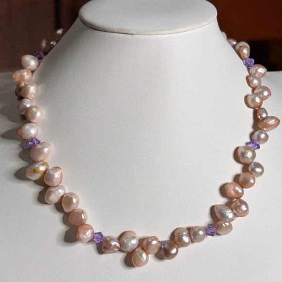 Gina’s Beadiful Accessories Jewelry - Handmade Pink Freshwater Pearl Necklace with Amethyst Crystal Accents 18 inches